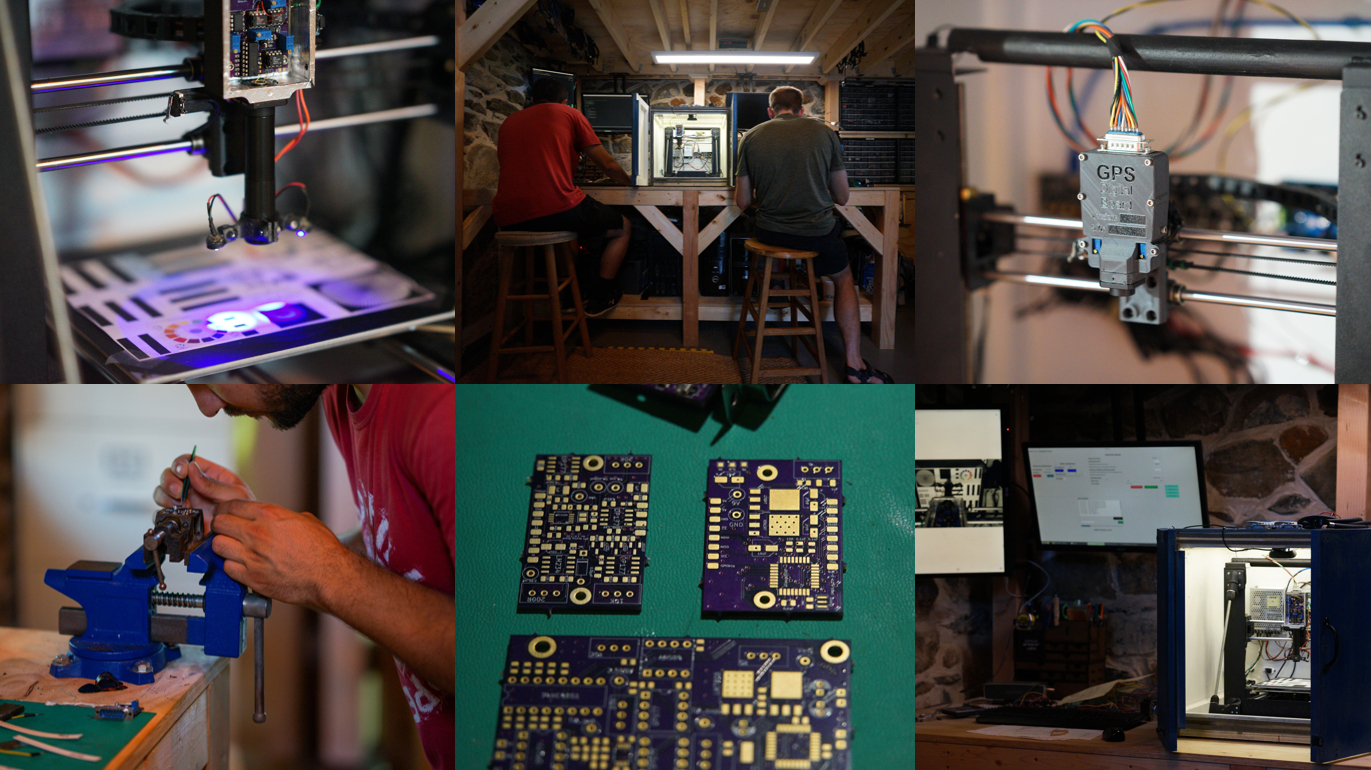 a collage of six photos showing people working on the a scanning device
